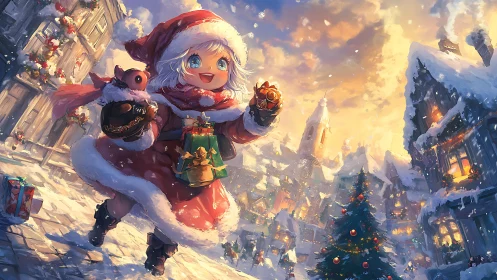 Festive child in red coat crossing glowing snowy village street.