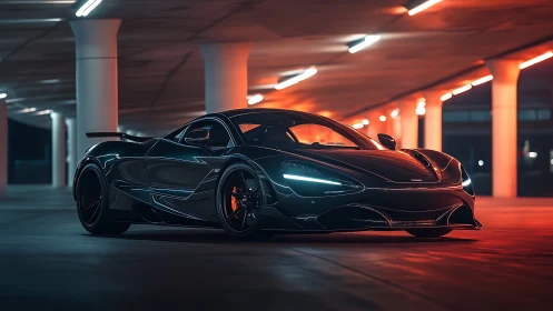 Black sports coupe in illuminated underground parking area.
