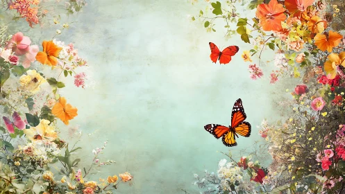 Butterflies over pastel floral border on soft teal sky.
