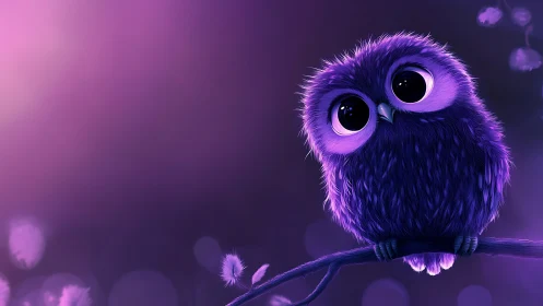 Cute Purple Cartoon Owl on Branch with Dreamy Bokeh Background.