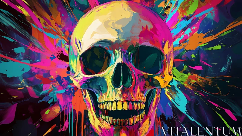 Colorful skull with explosive neon paint splashes