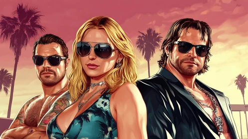 Sunset street trio in stylized neo-noir coastal portrait.