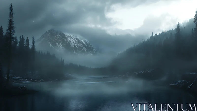 Mist-shrouded alpine lake under brooding winter sky.