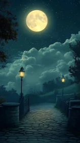 Moonlit stone path with lampposts under cloudy night sky.