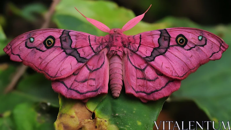 Bright pink moth with patterned wings on green leaf.