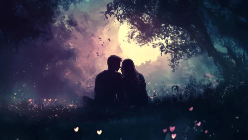 Silhouetted Couple Under Luminous Sky. Ethereal Hearts.