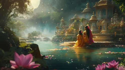 Golden riverside temple garden glows in mythic twilight.