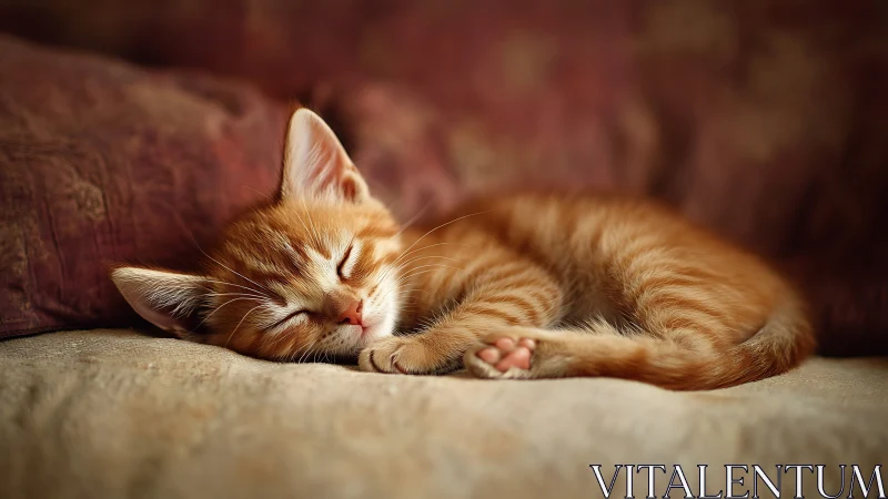 Ginger tabby kitten sleeping on cushioned furniture