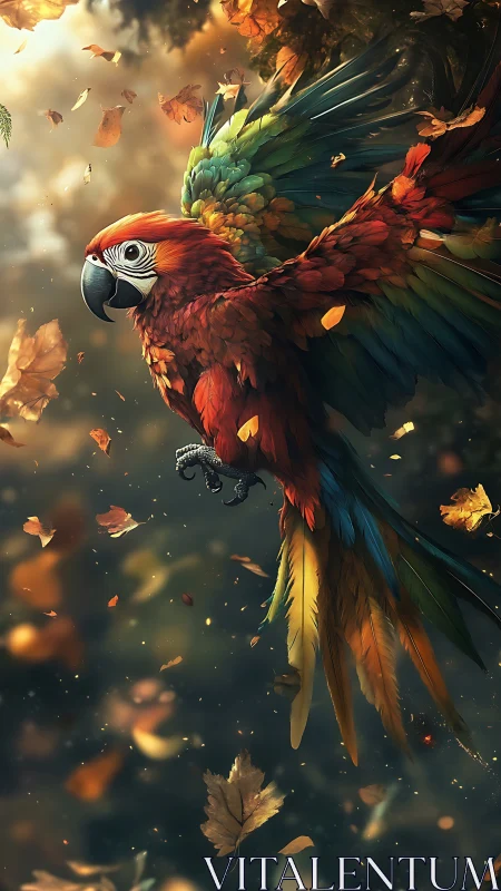 Radiant macaw soars through autumn light and swirling leaves