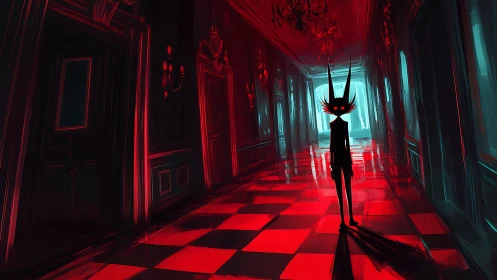 Elongated figure in red and cyan corridor interior scene.