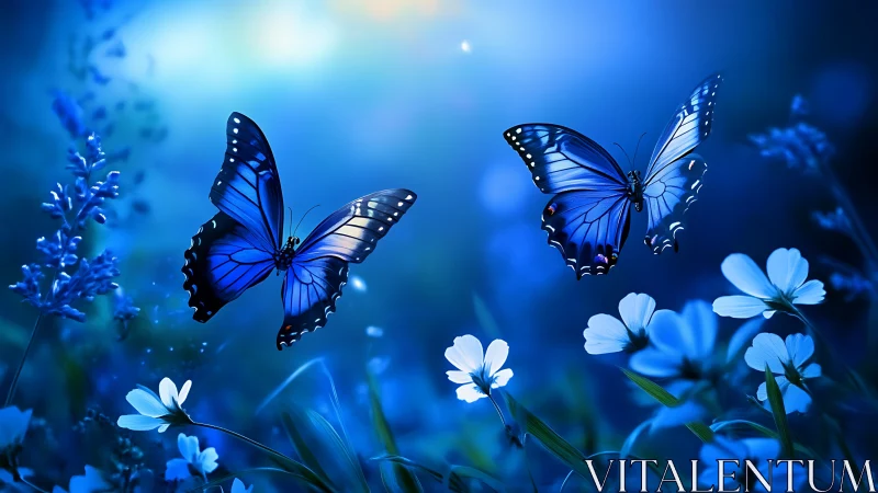 Blue butterflies drift through luminous twilight meadow.
