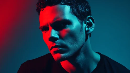 Moody male portrait under bold red and cyan neon lighting