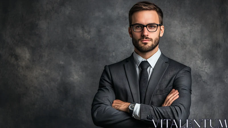 Business professional stands with folded arms against gray backdrop