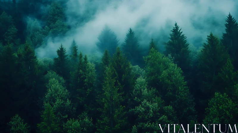 Misty Coniferous Forest Landscape with Layered Silhouettes