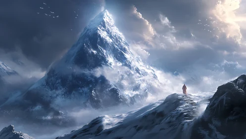 Lone figure climbs snowy mountain toward glowing summit.