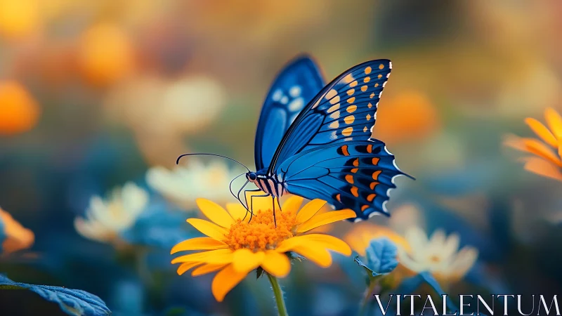 Blue butterfly on yellow flower in shallow focus field.