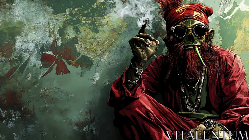 Psychedelic street mystic in gas mask and chromatic smog.