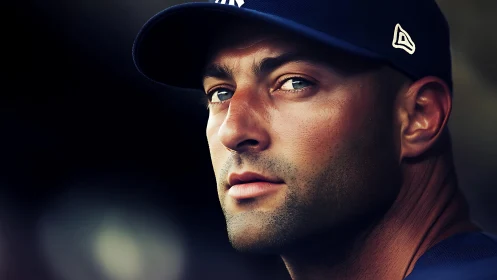 Intense stadium portrait of baseball player in navy cap.