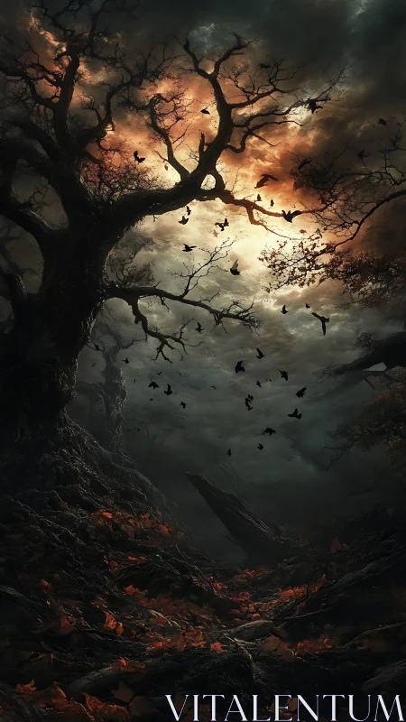 Twisted dead tree crowns storm-lit path of burning leaves.