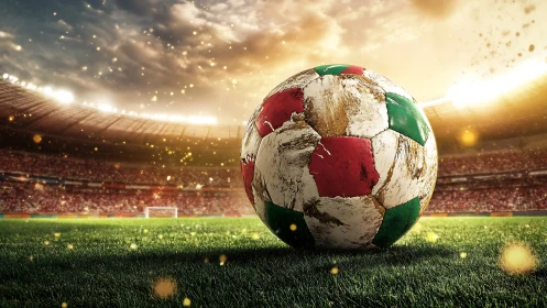 Weathered soccer ball under stadium lights at sunset.