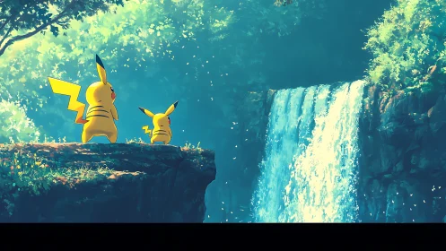 Pikachu pair stand on forest cliff overlooking waterfall.