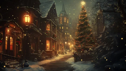 Snowlit town square wrapped in golden Christmas hush.
