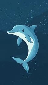 Playful blue dolphin drifting through a dreamy night sea.