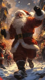 Santa in red suit strides through festive snowy street.