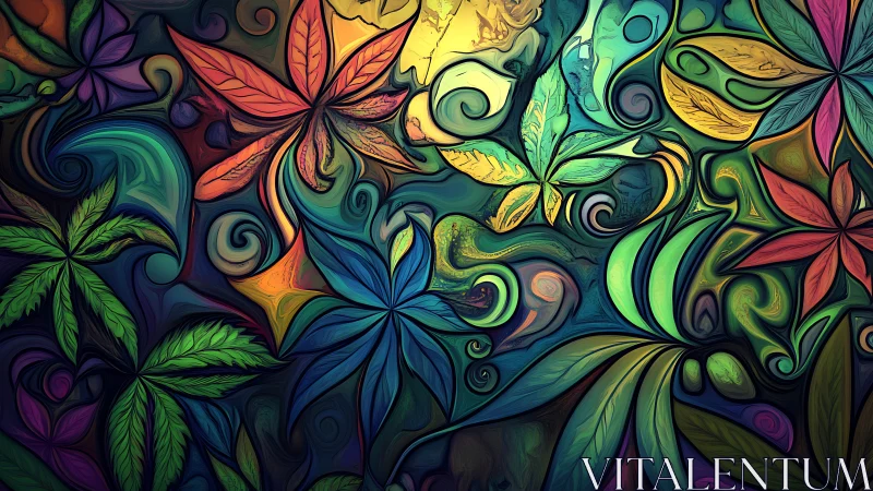 Colorful swirling leaves in a dreamy, enchanted garden scene.