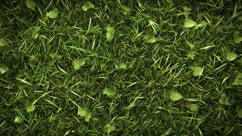 Top view of dense green grass with scattered small leaves.
