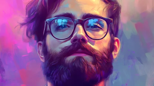Chromatic digital portrait with reflective eyewear highlights.