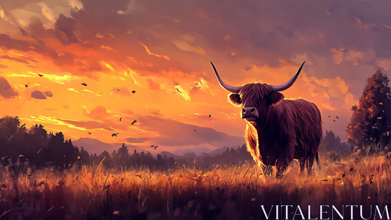 Sunlit longhorn cattle in painterly sunset meadow environment