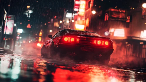 Red sports car on wet neon city street at night in rain.