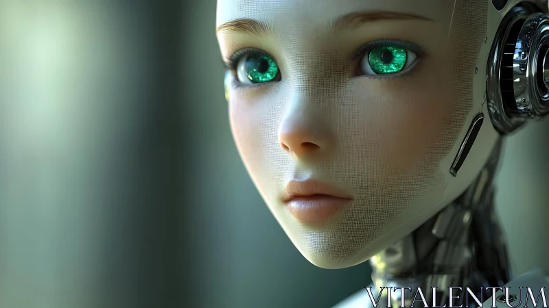 Closeup portrait of humanoid robot with green synthetic eyes.