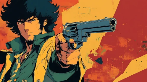 Cel-shaded gunman portrait with dynamic foreshortened revolver