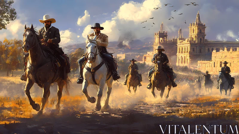 Galloping cowboys ride boldly past sunlit desert cathedral