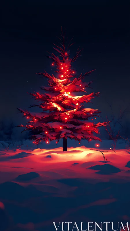 Digital painting of illuminated winter fir with dramatic contrast.