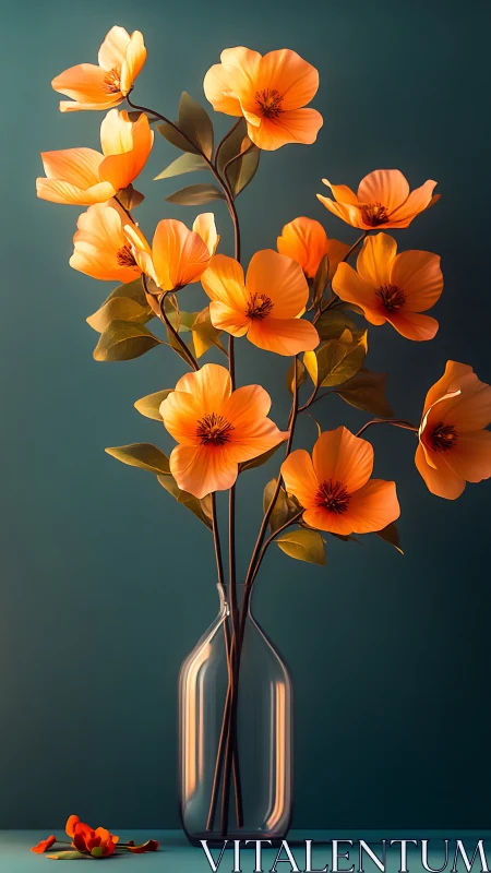 Orange Flowers in Clear Vase Against Teal Background