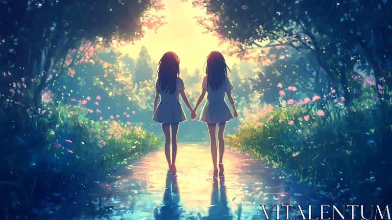 Backlit twin girls walking through luminous floral forest path