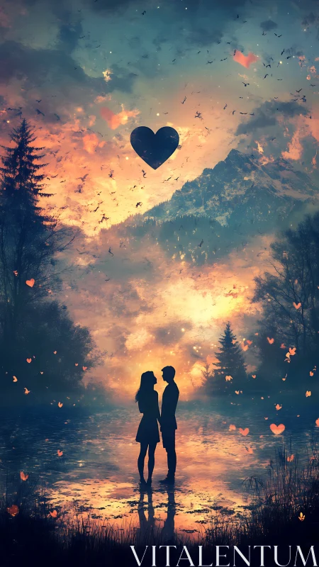 Two figures standing beneath illuminated heart silhouette against mountainous landscape.