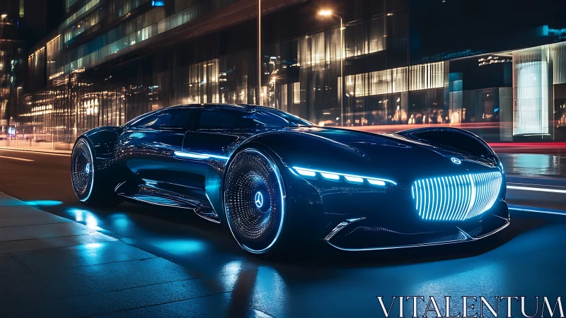 Neon-clad future coupe prowls through glassy midnight streets