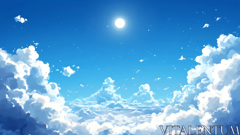 Soft daylight moon drifting above oceans of clouds.