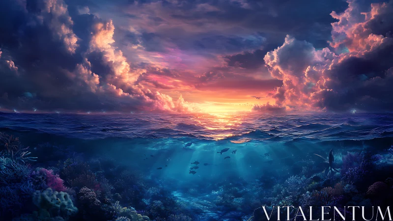 Bifurcated seascape at sunset with illuminated coral reef