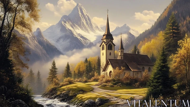 Mountain chapel glows in golden autumn light by a stream.