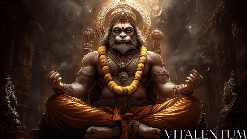 Divine simian deity in meditative temple glow, rich detailing.