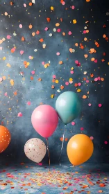 Vibrant Balloon Composition with Confetti Scatter on Textured Dark Background
