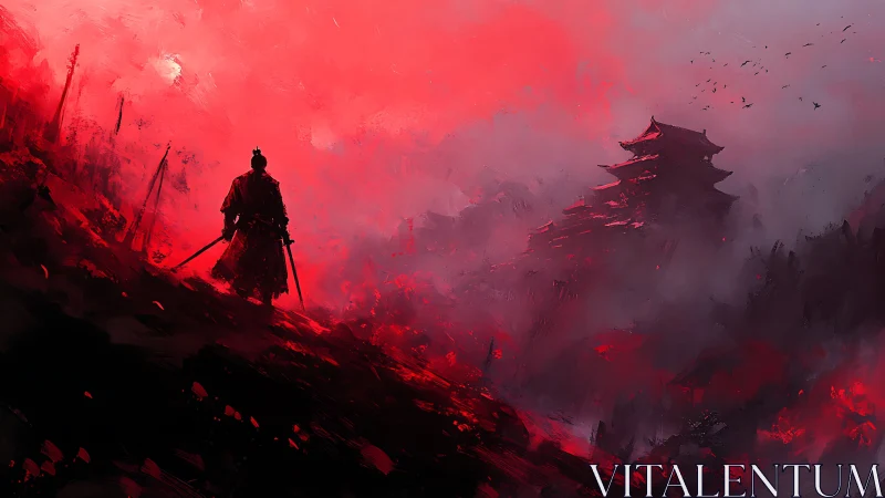Lone samurai crosses burning slope toward shrouded fortress.
