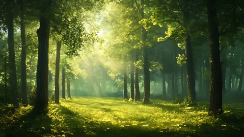 Sunlit forest clearing with lush greenery in a tranquil, realistic style.