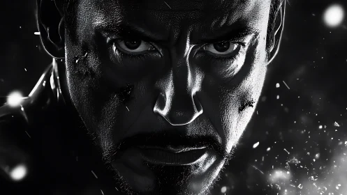 Monochrome hyperreal portrait with dramatic chiaroscuro lighting