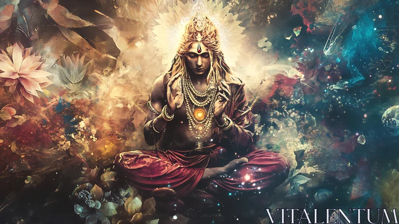 Mystic cosmic deity in radiant lotus meditation vision.